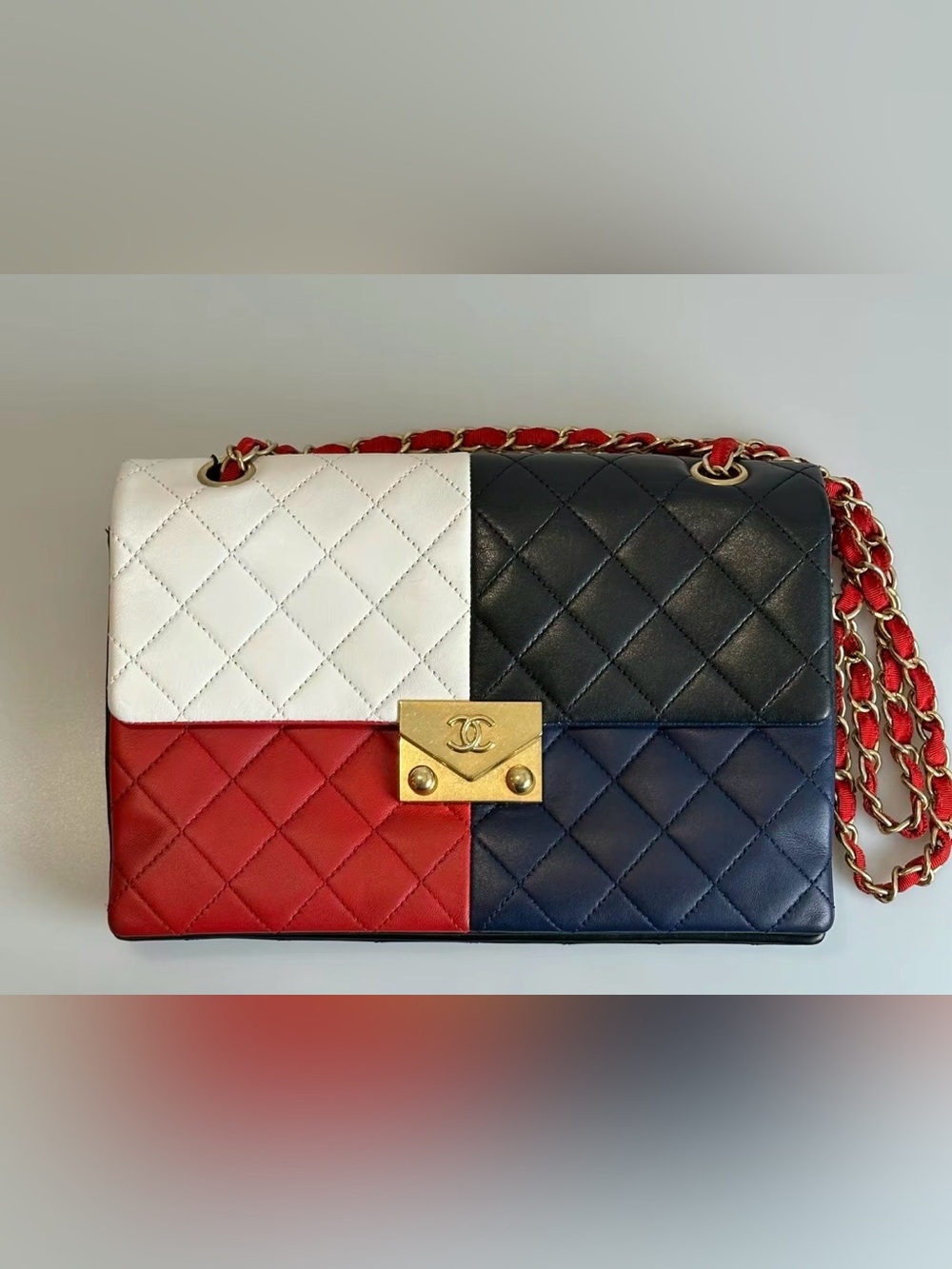 CHANEL Quilted Patchwork Leather Shoulder Bag - Black White Red Navy